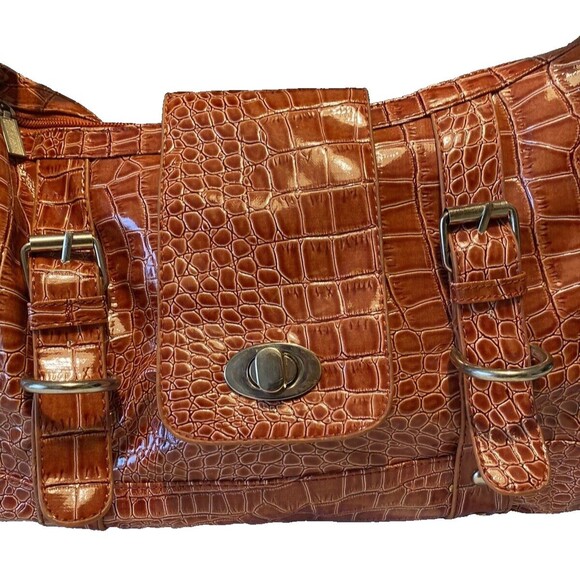Orange Alligator Embossed Hobo Shoulder Bag Handbag Pockets Glossy Patent Finish - Picture 8 of 16